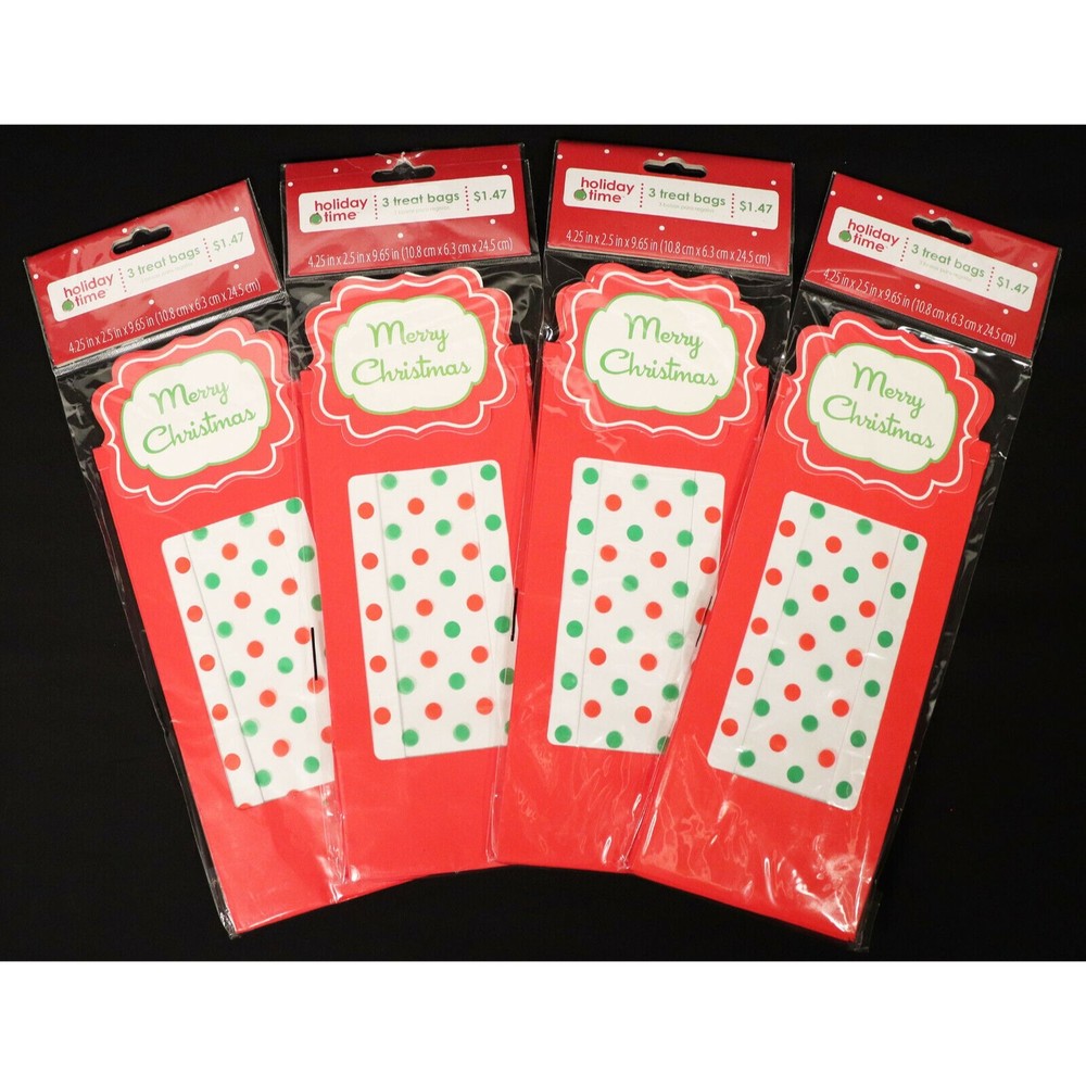 Lot of 12 Bags . 4-3pk Holiday Time Treat Bags Merry Christmas Polka Dot Red NEW